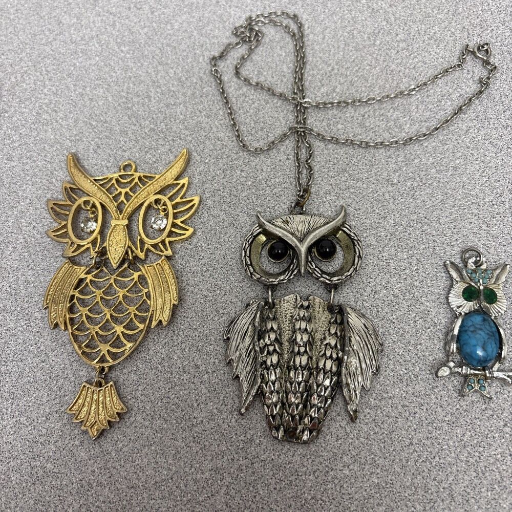 Owl Pendant Necklace Lot Of 3 Silver & Gold Tone, 2 Articulated, 1 With Chain